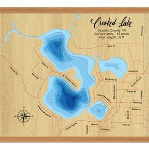 Digital File PDF SVG Crooked Lake Wisconsin Map Bathymetric Depth