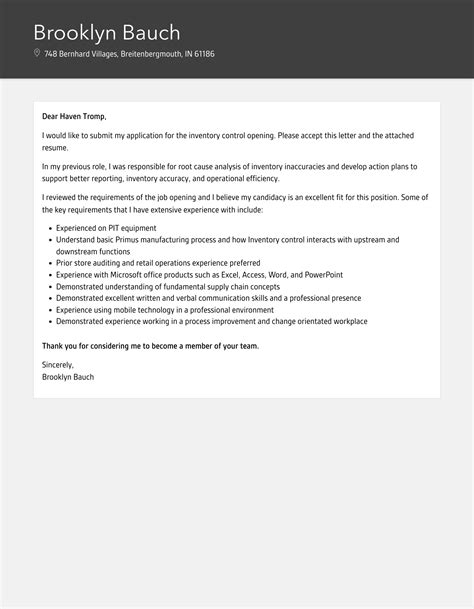 Inventory Control Cover Letter Velvet Jobs