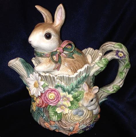 Fitz Floyd Woodland Spring Teapot Lid Tree Stump Rabbits