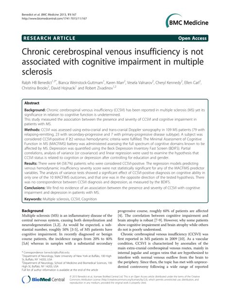 Pdf Chronic Cerebrospinal Venous Insufficiency Is Not Associated With Cognitive Impairment In