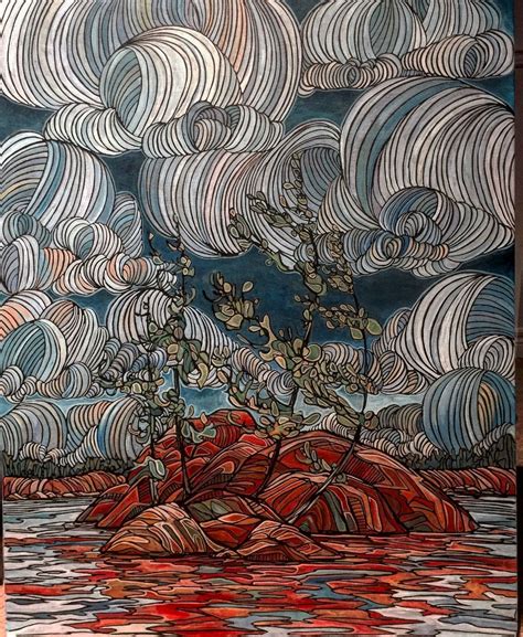Whimsical Art Painting With Trees And Clouds