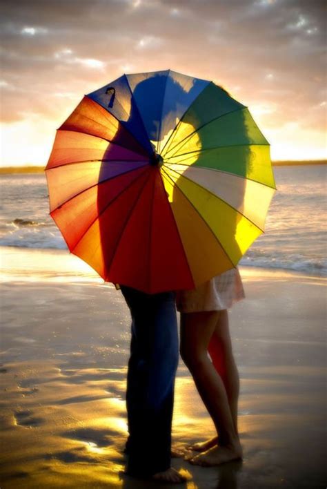 Rainbow Umbrella Couple Love Kiss Se Beach Photo Sun Set Photography