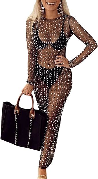 Honganda Sexy Women S Sheer Mesh Pearl Rhinestone Cover Up Dress Beach Swimwear Bikini Bathing