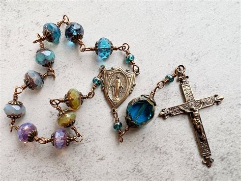 Miraculous Medal Hand Wire Wrapped One Decade Rosary Multi Colored Opal