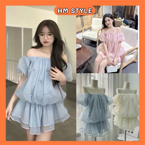 Váy áo xốp dáng bí hot đính nơ 2 lớp trễ vai nhún eo tay bồng k kèm quần áo trễ vai chất xốp