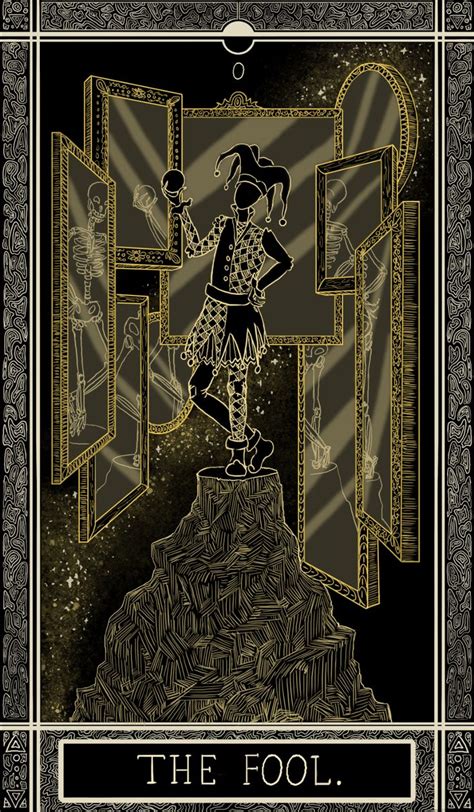 The Fool Tarot Card Is Shown In Black And Gold