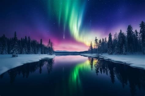 Las Auroras Boreales Se Iluminan En El Cielo Sobre Un Bosque Nevado