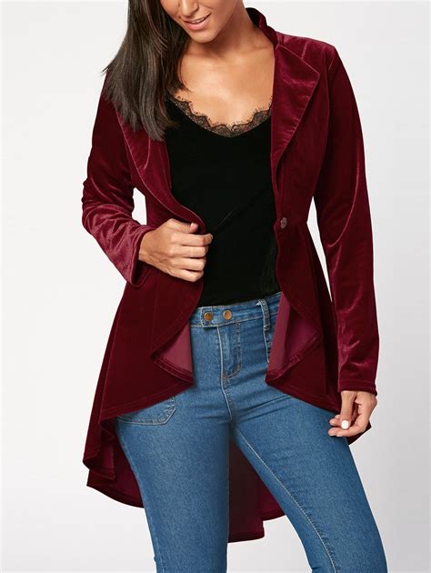 2018 One Button High Low Velvet Peplum Blazer In Wine Red 2xl