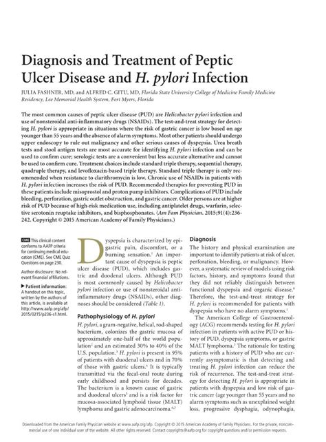 Diagnosis And Treatment Of Peptic Ulcer Disease And H Pylori Infection Julia Fashner Md And