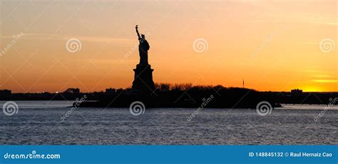 Panorama of New York. View of the Statue of Liberty, at Sunset Stock Photo - Image of seagull ...