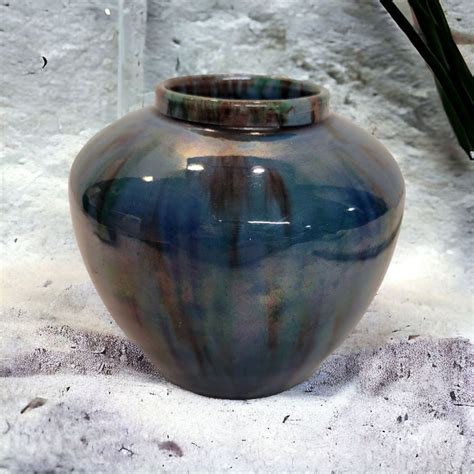 Vintage Awaji Pottery Ball Vase Blue Black Drip Oil Spotted Lustre