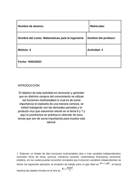 Actividad 3 Matemáticas Para La Ingeniería Nombre De Alumno