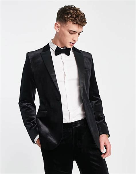 Asos Design Super Skinny Velvet Tuxedo Suit Jacket In Black Asos