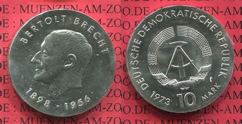 DDR GDR Eastern Germany 1973 Bertolt Brecht 10 Mark DDR Silber