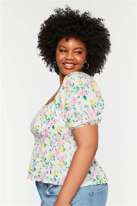 Plus Size Floral Print Smocked Top