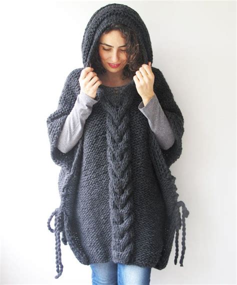 Dark Gray Plus Size Cable Knit Poncho With Hoodie By Afra Etsy Canada Ponchos Tejidos