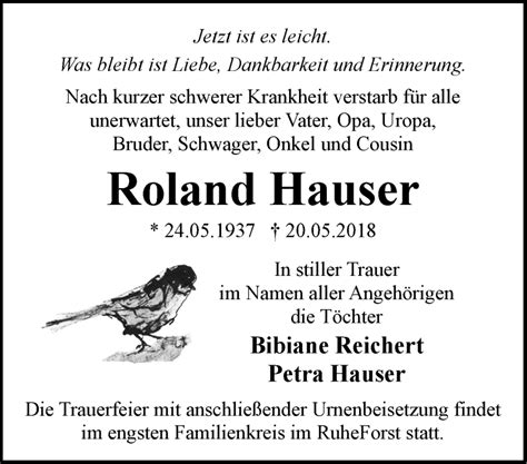 Traueranzeigen Von Roland Hauser M Rkische Onlinezeitung Trauerportal