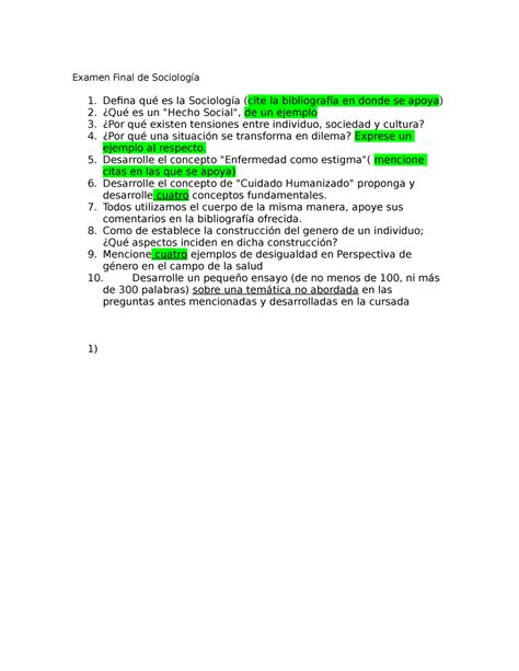 Examen Final de Sociología Examen Final de Sociología Defina qué es