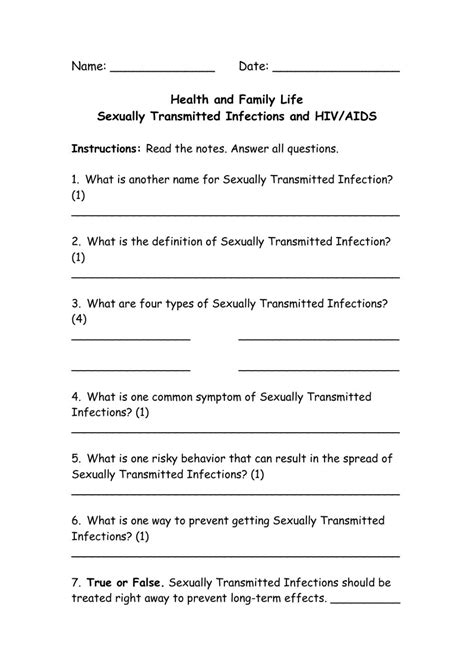 Printable Sexually Transmitted Diseases Worksheets Printable Worksheets