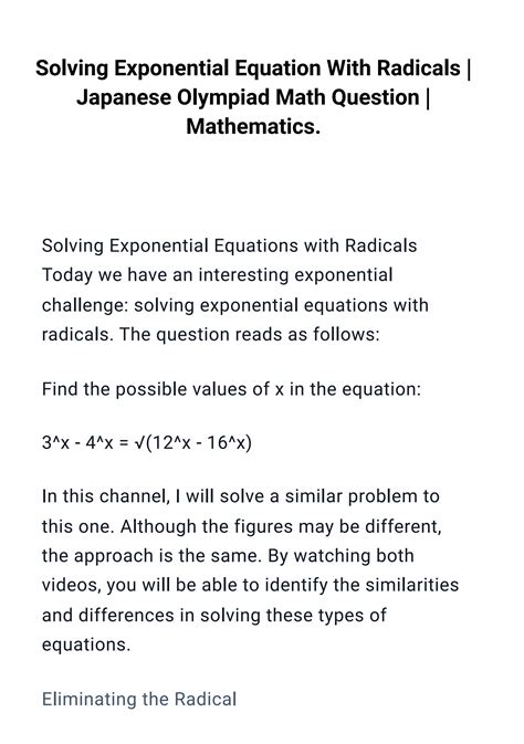 Solution Solving Exponential Equation With Radicals Japanese Olympiad Math Question Mathematics