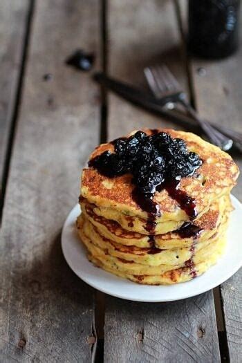 Jalapeño Cheddar Cornbread Pancakes With Roasted Blueberry Honey Syrup Half Baked Harvest