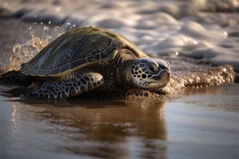 Premium Ai Image Sea Turtle Climbing Out Of The Water And Onto Shore