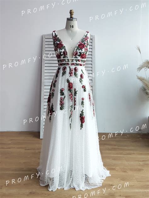 Promfy Delicate Embroidered Flowers White Lace Formal Dress