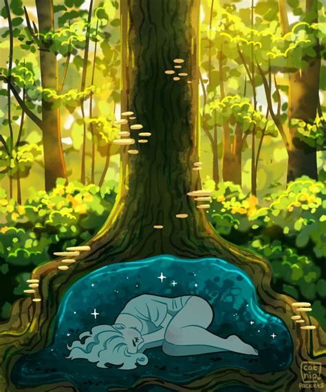 A Woman Laying On Her Back In The Forest Under A Tree With Its Eyes Closed