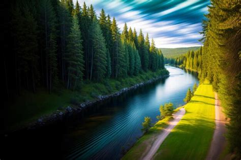 Premium AI Image A River Running Through A Lush Green Forest