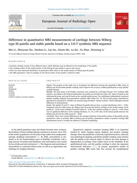 Pdf Difference In Quantitative Mri Measurements Of Cartilage Between