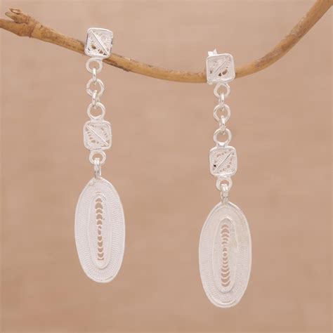 Oval Sterling Silver Filigree Dangle Earrings From Bali Glistening