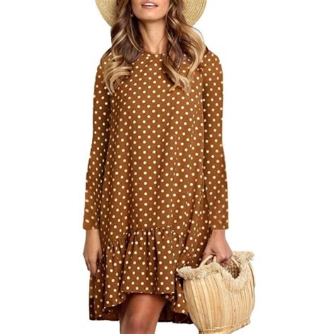 Dresses Oye Cute Brown Polkadot Casual Retro Boho Loose Fit Swing