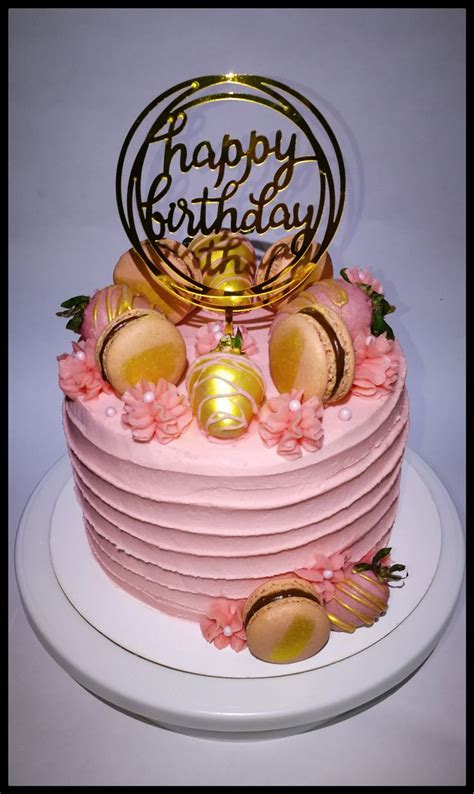 Pink And Gold Birthday Cake With Macarons And Strawberries Birthday