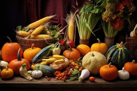 Premium Ai Image Autumn Harvest Displayed Pumpkins Squash Corn And Roots