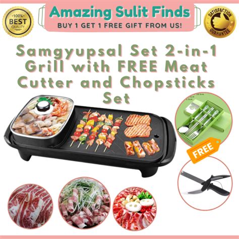 Amazing Samgyupsal Set 2 In 1 Grill With Free Meat Cutter And Chopsticks Set Korean