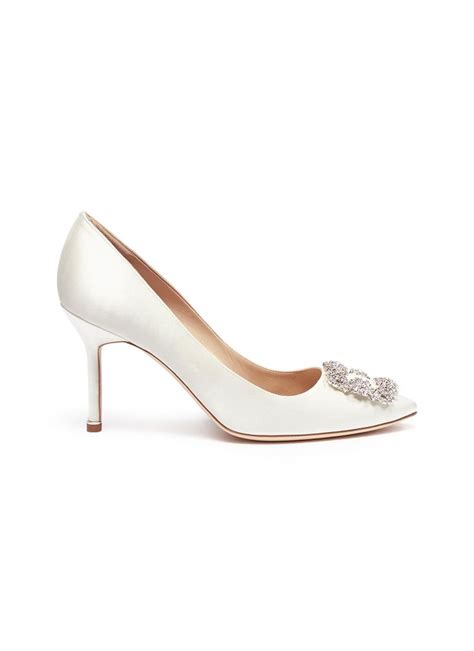 Manolo Blahnik Hangisi Swarovski Crystal Brooch Silk Satin Pumps