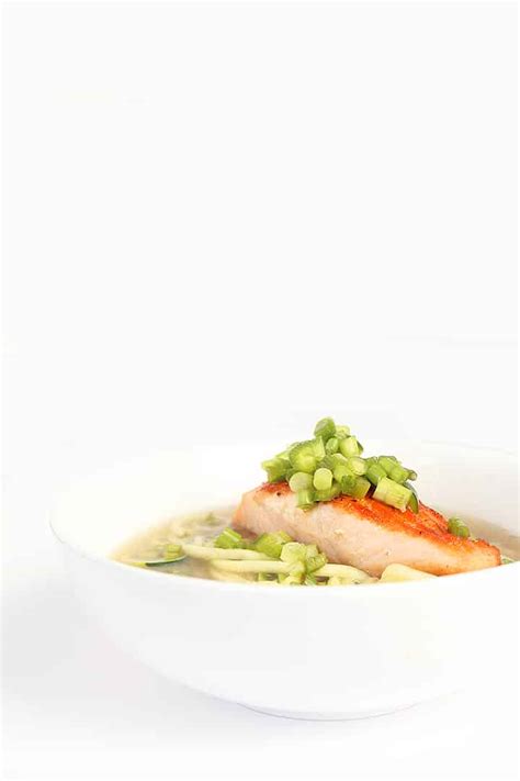 Ginger Seared Salmon In Miso Broth With Jalapeno Scallion Relish And