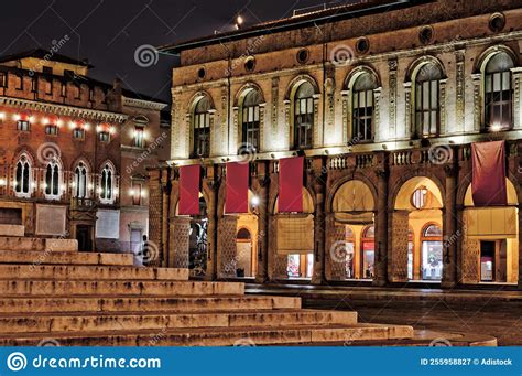 Italy Bologna Piazza Maggiore at Night. Antique Architecture. Editorial ...