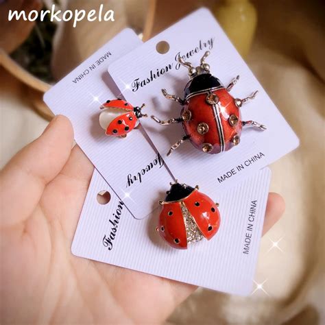 Morkopela Ladybugs Enamel Pin Vintage Rhinestone Insect Brooch