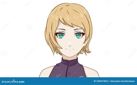 Anime Portrait Of A Cute Girl With Big Eyes And Short Hair Stock