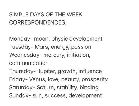 Days Of The Week Correspondences Correspondence Days Of Week Witchy