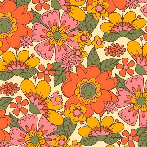 Free Vector Hand Drawn Groovy Floral Pattern Retro Flowers Retro