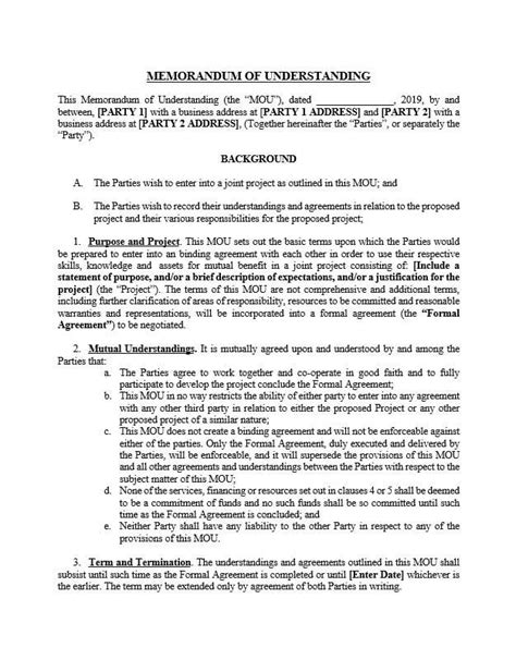 Mou Business Partnership Agreement Template