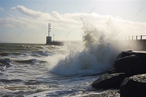 The Waves Are Hitting The Shore Background, Building, High Resolution ...