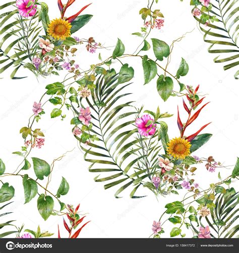 Watercolor Painting Of Leaf And Flowers Seamless Pattern On White