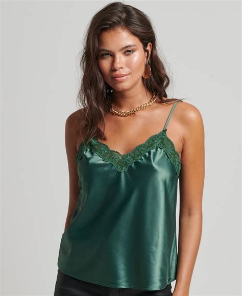 Womens Lace Satin Cami Top In Green Superdry