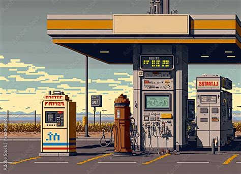 Pixel Art Gas Station On The Road Background In Retro Style For 8 Bit