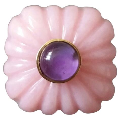 Customizable Art Deco Style Carved Pink Opal Genuine Amethyst Cab Gold