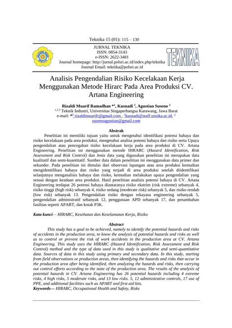 Pdf Analisis Pengendalian Risiko Kecelakaan Kerja Menggunakan Dokumen Tips
