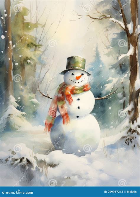 Watercolor Painting Of A Snowman Watercolor Snowman In Winter Snowfall